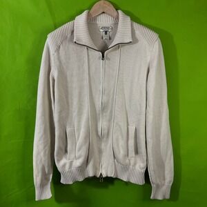 American Rag Mens XL Full Zip Knit Sweater Cardigan Beige Cotton Ribbed Collar